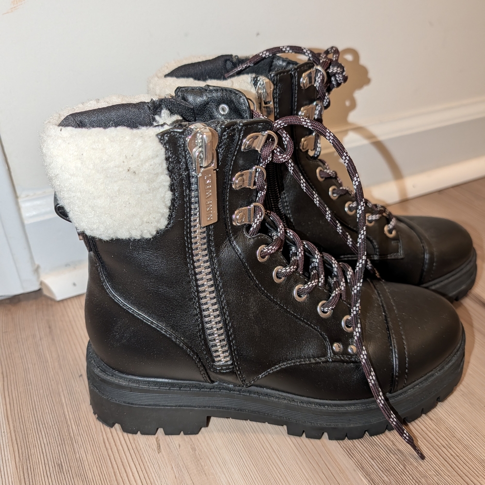 Black Shearling-Trim Combat Boots with Side Zipper